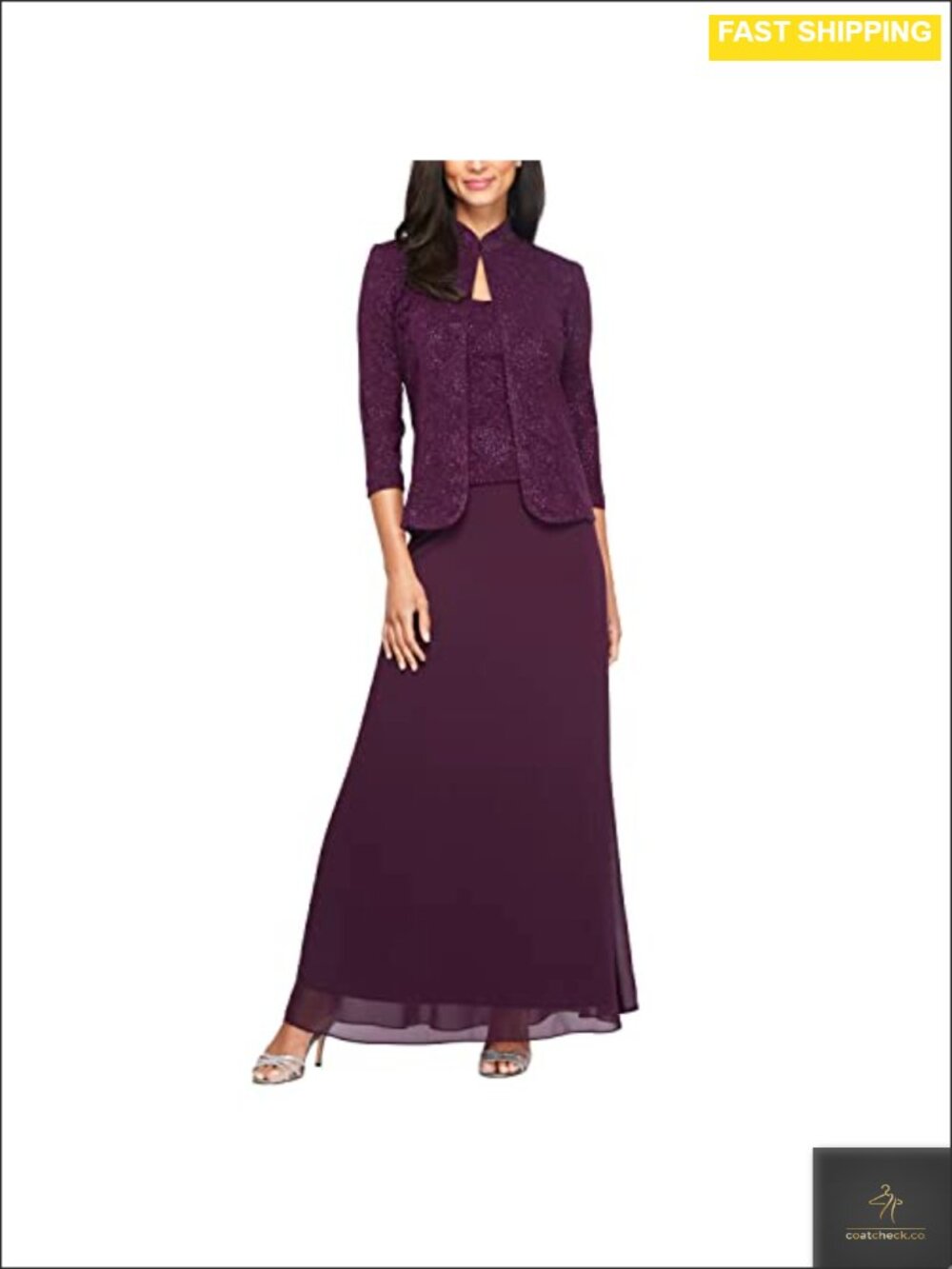 Two-Piece Long Formal Dress Set with Glittered Jacket & Mandarin Neckline